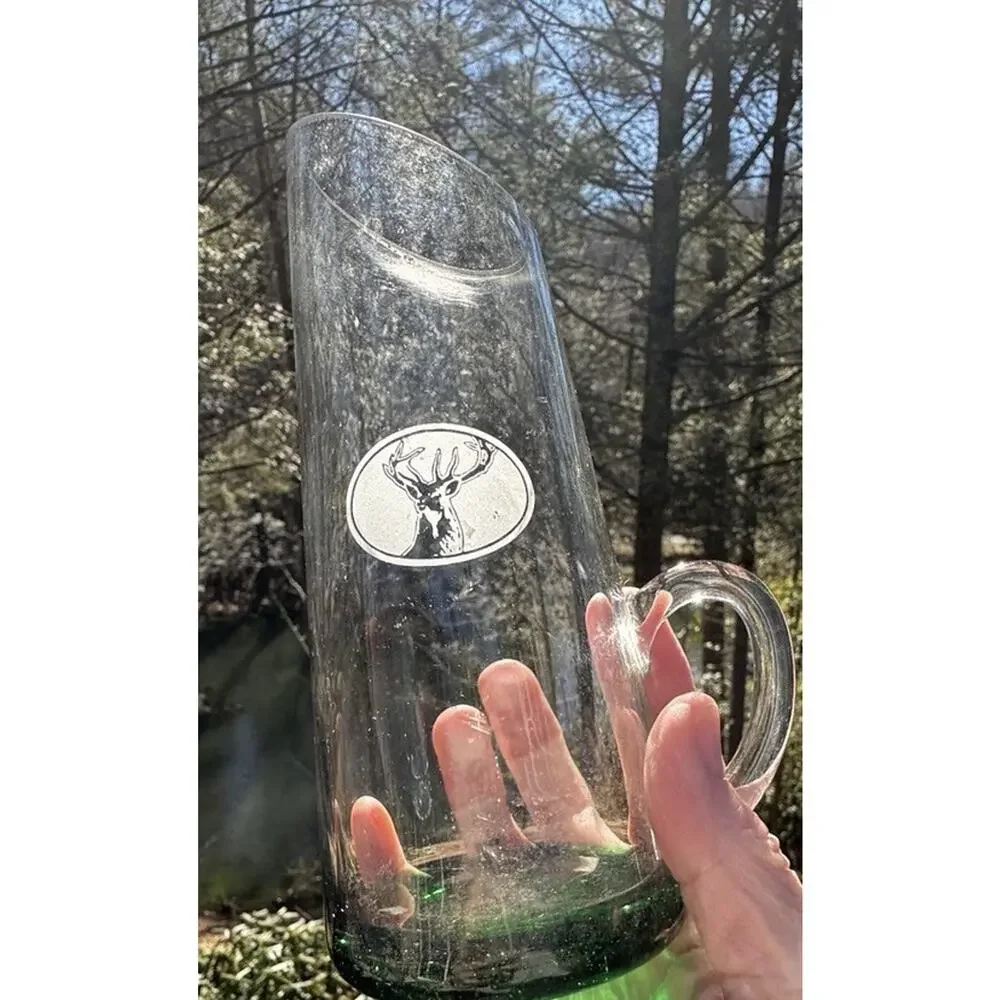 Yagermeister Glass Slanted Water Pitcher Green Weighted Base Etched Stag A1